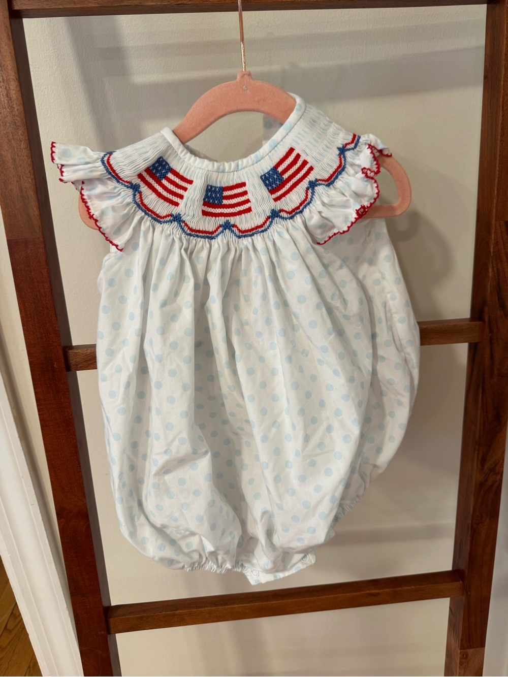 Light Blue Polka Dot Baby One-Piece with Smocked Flag Collar